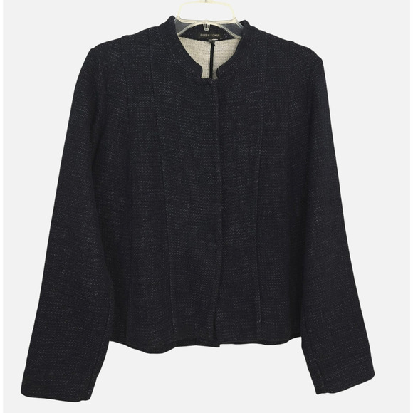 Eileen Fisher Tweed Snap Front Jacket Size XS Blue Manfsrin Collar Cotton Linen - Picture 2 of 9